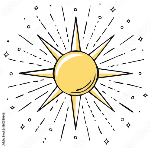 Whimsical Celestial Sunburst with Rays and Sparkling Stars, Mystic Symbolism Hand-Drawn Icon