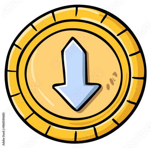 Cartoon gold coin icon with downward arrow for finance concepts and online banking
