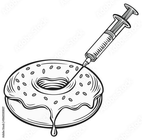Injecting sweet filling into a frosted donut, a cartoon illustration symbolizing indulgence or unhealthy habits.