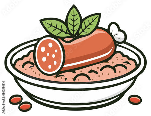 Hearty sausage dish with lentil stew served in a white bowl garnished with fresh green leaves