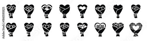 A set of heart bouquet wrap minimal flat vector icon set. valentines day design element.