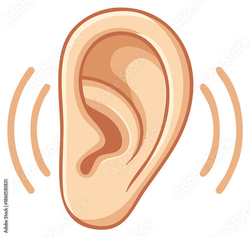Illustration of a human ear with sound waves radiating outwards conveying listening and hearing
