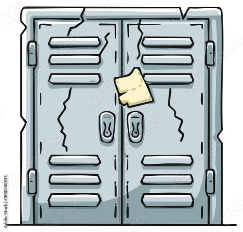 Illustration of weathered metal lockers with cracks and a piece of tape