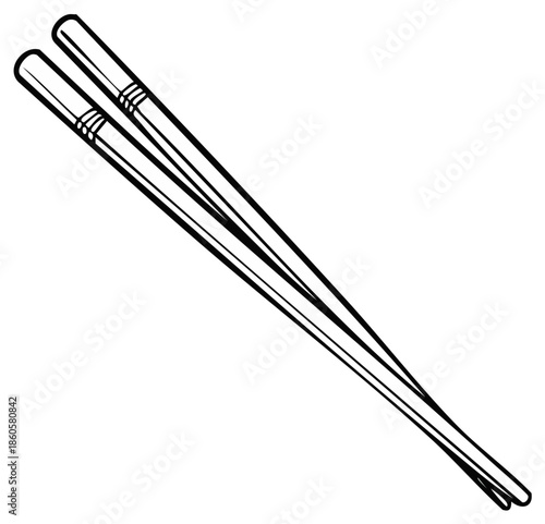 Pair of Angled Wooden Chopsticks, Monochrome Illustration