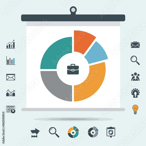 Business presentation featuring a colorful donut chart showcasing market segmentation data analysis with various integrated office and communication icons displayed clearly around the main graphic.