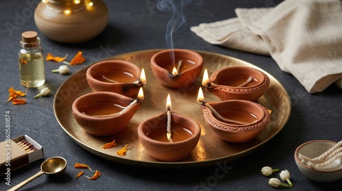 Clay oil lamps arranged on a decorative tray with floral accents  
