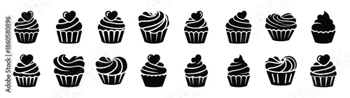 A set of heart cupcake swirl minimal flat vector icon set. valentines day design element.
