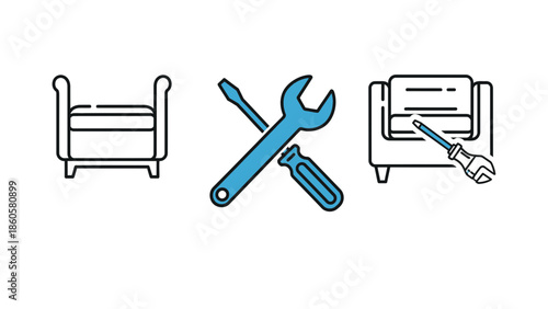 Furniture repair and maintenance service icon set illustrating tools like a wrench and screwdriver near upholstered seating ready for technical assistance