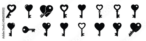 A set of heart shaped key minimal flat vector icon set. valentines day design element.