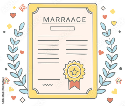 Marriage Certificate with Decorative Hearts and Laurel Wreath Festive Design