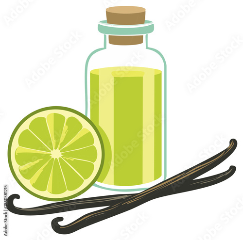Natural citrus and vanilla extract in a bottle with fruit and pods illustration