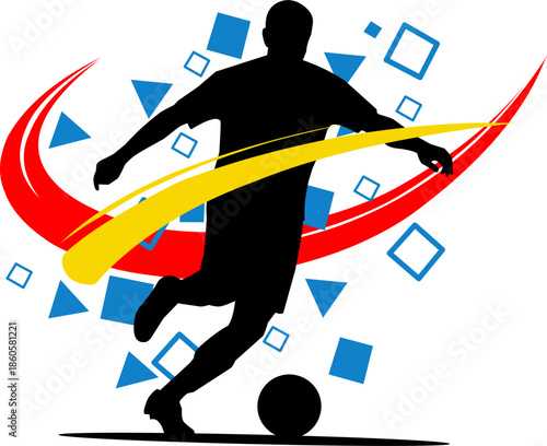 Silhouette of soccer player with abstract elements. Perfect for sports blogs, posters, or social media posts with dynamic visuals
