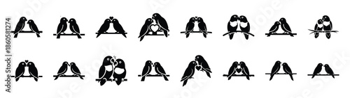 A set of lovebird couple perch minimal flat vector icon set. valentines day design element.