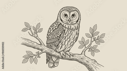 Detailed illustration of an owl perched on a tree branch against a neutral background