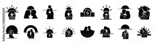 A set of romantic sunrise couple minimal flat vector icon set. valentines day design element.