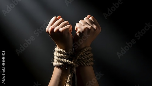 Tied hands with rope against a dark backdrop, symbolizing constraint and struggle. The image evokes a sense of confinement and powerlessness.