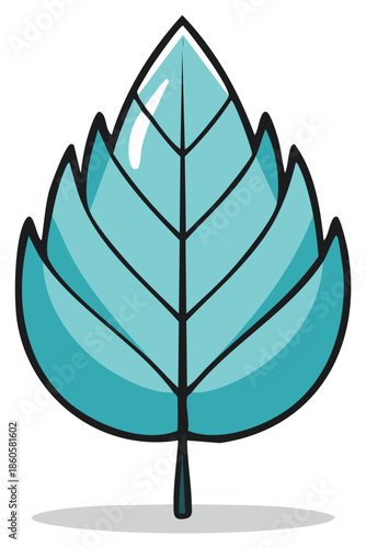 Cartoon Style Leaf Illustration with Bold Outlines and Blue Hue, Isolated on White Background for Natural Themed Design