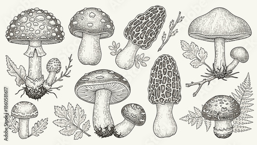 Detailed illustration of various mushrooms and foliage elements on neutral background
