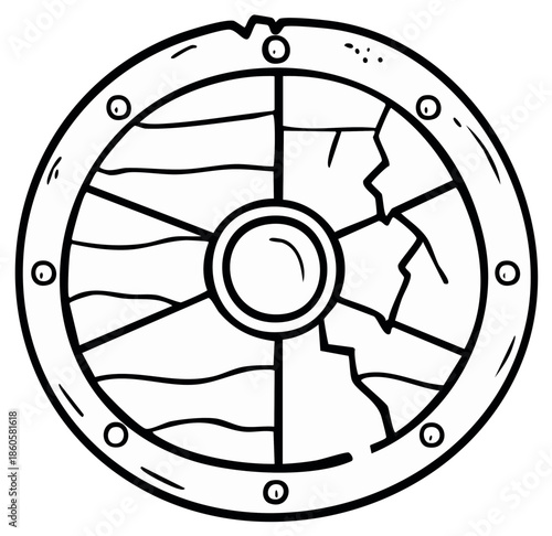 Cartoon Shield Outline Rough Cracked Medieval Armor Black and White