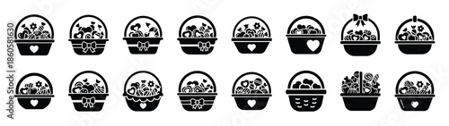 A set of valentine sweet basket minimal flat vector icon set. valentines day design element.