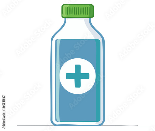Hand drawn cartoon illustration of a medical bottle with a first aid plus symbol