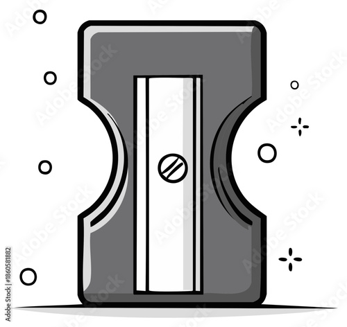 Cartoon Pencil Sharpener Illustration in Grey Tones with Bubbles and Sparkles Isolated on White