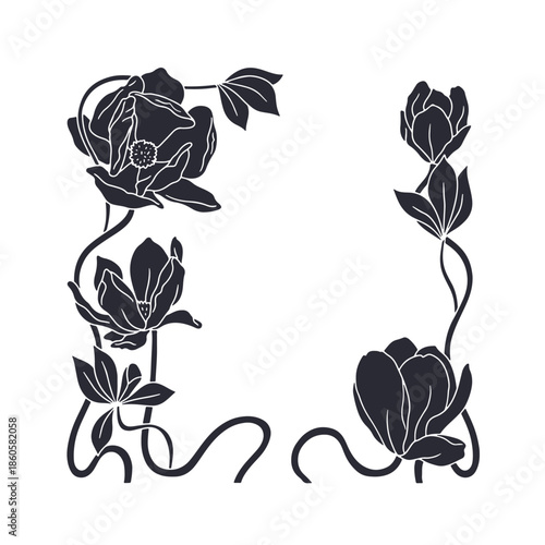 Art nouveau vintage hand drawn black and white magnolia flowers and leaves silhouette frame vector illustration. Monochrome floral border card template