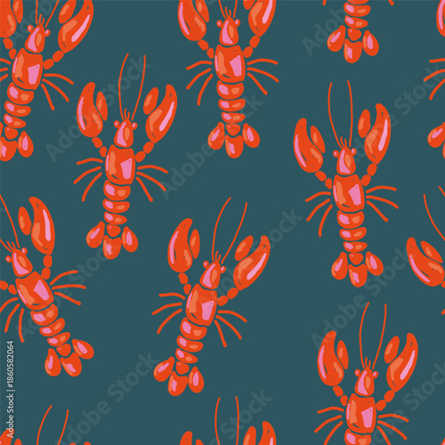 Lobster seamless pattern on dark teal background. Hand drawn Mediterranean seafood design in naive imperfect style, great for coastal kitchen textiles or bold summer prints.