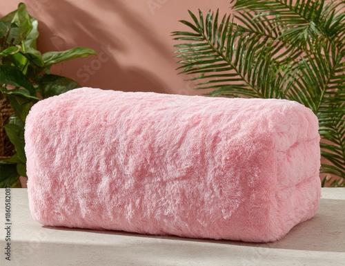 Soft pink faux fur blanket is rolled up on a table.
