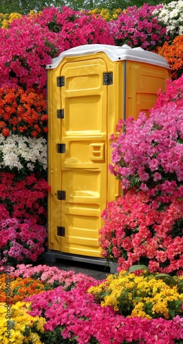 A bright yellow portable restroom stands amidst a vibrant display of colorful flowers.