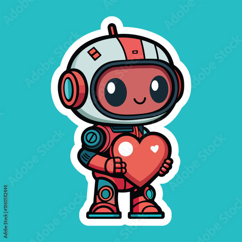 Cute Kawaii Robot Holding A Heart Vector Illustration, Adorable AI Mascot Sticker