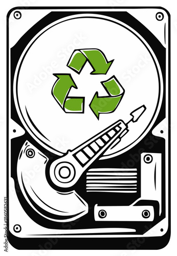 Hard drive with green recycling symbol inside, symbolizing data recovery and sustainability