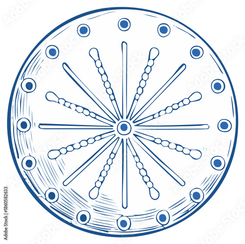 Dharma wheel hand drawn line art illustration showing buddhism symbol tradition