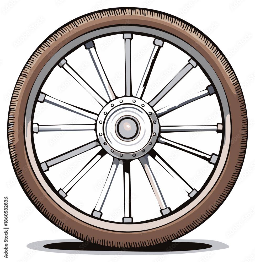 Fototapeta premium Vintage spoked wheel with brown tire and silver hub, illustration