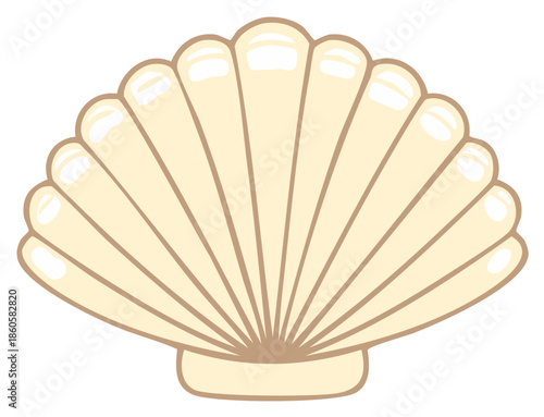 Stylized Illustration of a Scallop Seashell in Cream and Brown with a Rounded Base