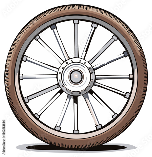 Vintage spoked wheel with brown tire and silver hub, illustration