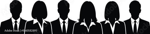 Collection of professional business people silhouettes in suits and formal attire, corporate team icons for company leadership and workforce demographics,