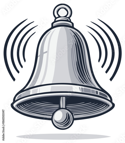 Cartoon silver bell illustration with sound waves alert announcement alarm notification