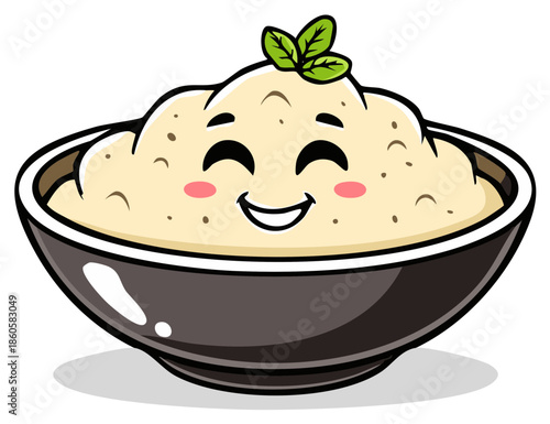 Cute Smiling Mashed Potatoes Bowl Character with Mint Garnish