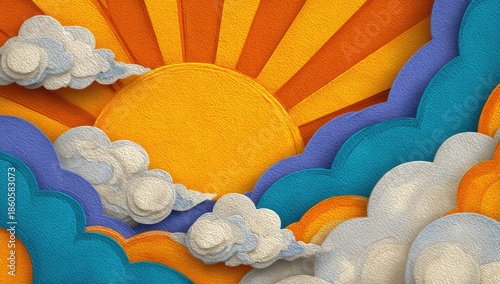 Radiant sunbeams shine through stylized clouds in a vibrant sky.