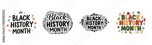 Black history month celebratory designs with decorative elements