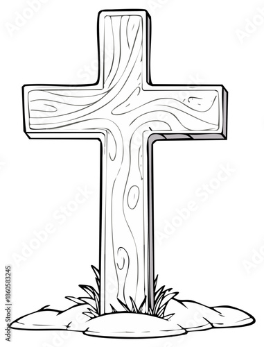 Religious wooden cross symbol with detailed wood grain texture and grassy base illustration