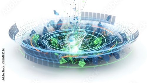 A futuristic digital illustration of a swirling data vortex with green and blue lights