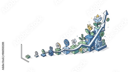 An isometric illustration of a growing business with increasing profits and growth