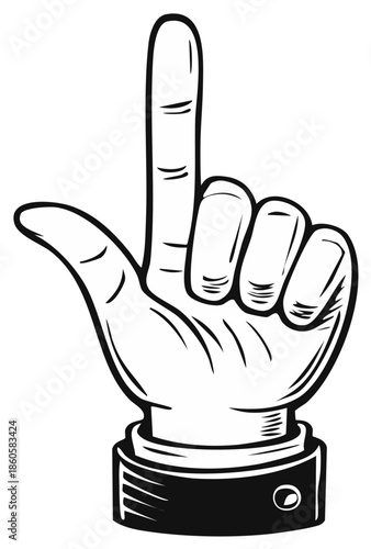 Cartoon-style hand gesture pointing upward with extended index finger, isolated on white, vector illustration