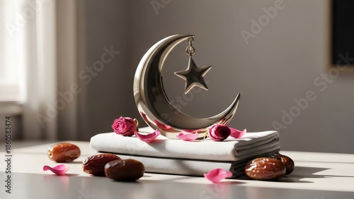 A gold crescent moon and star decoration on a stack of white towels with dates and pink flowers
