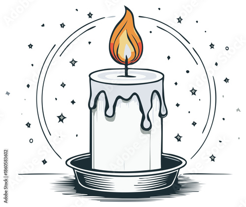 Hand-drawn white candle on a dish with glowing flame and stars. Celebratory vector illustration