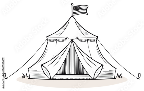 Doodle of Fabric Tent with USA Flag, Hand-drawn Line Illustration of Festive Event Marquee Structure