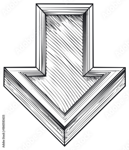 Hand drawn dimensional downward pointing arrow illustration in black ink on white