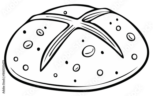 Black and white illustration of a round bread roll with cross and seeds